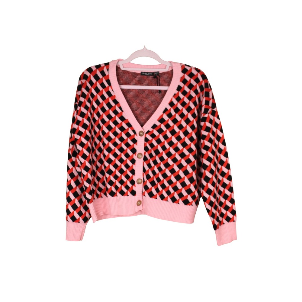 Brave Soul Mod Y2K Fun Pink Geometric Design Button Up Cardigan Sweater Size L